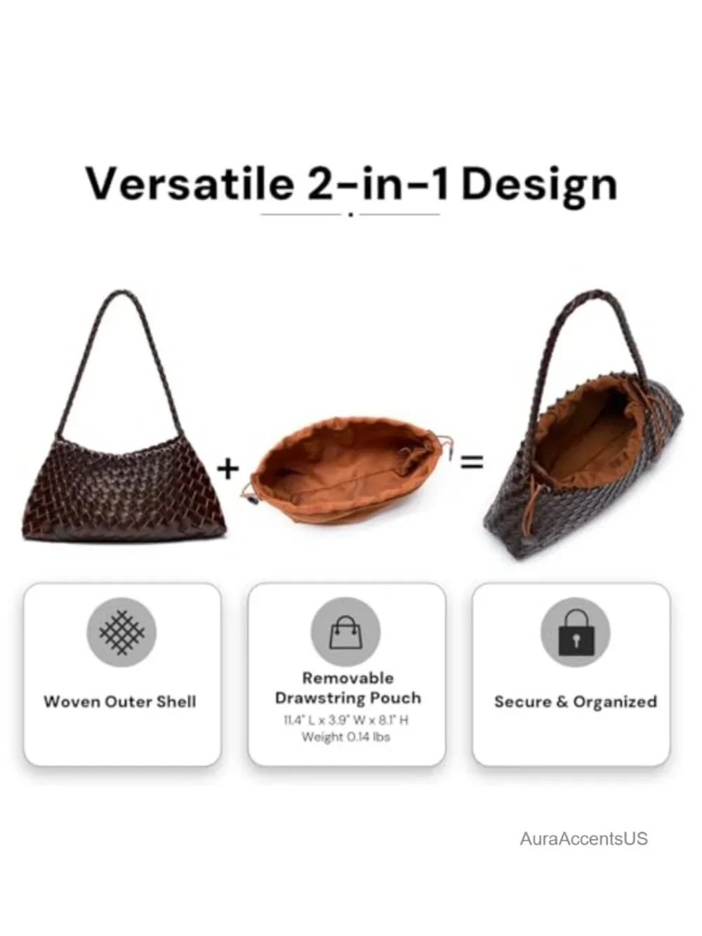 Vegan Leather Woven Shoulder Bag with Drawstring Pouch, Slouchy Tote